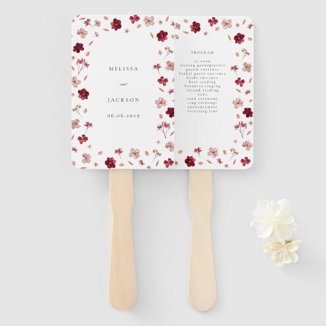 Éventail Pressé rose rouge et crème, programme de mariage f (Devant et derrière)