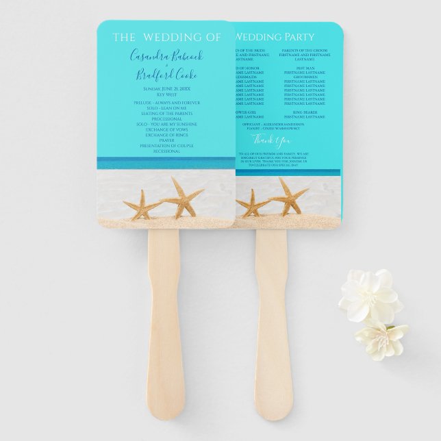 Éventail Programme de cérémonie de mariage à la plage avec  (Devant et derrière)