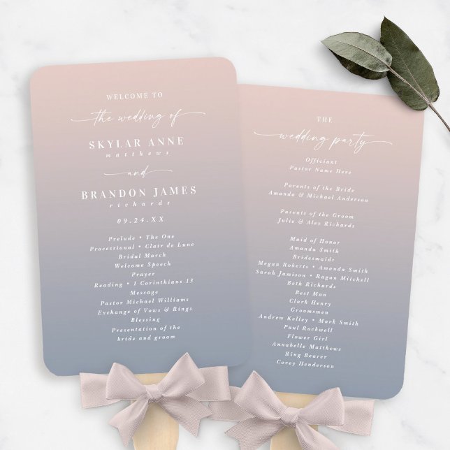 Éventail Programme de cérémonie de mariage Ombre Rose et Bl (Créateur téléchargé)