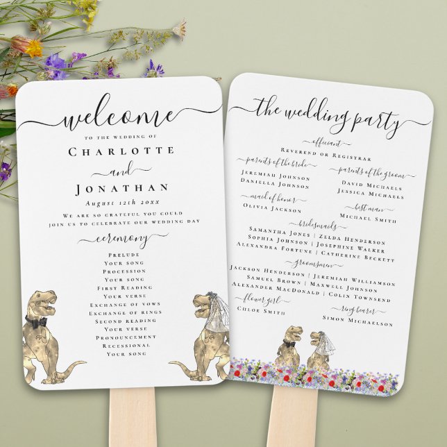 Éventail Programme de cérémonie de mariage sur le thème des (Funny dinosaur bride and groom custom wedding ceremony program fans Watercolor wildflower meadow )