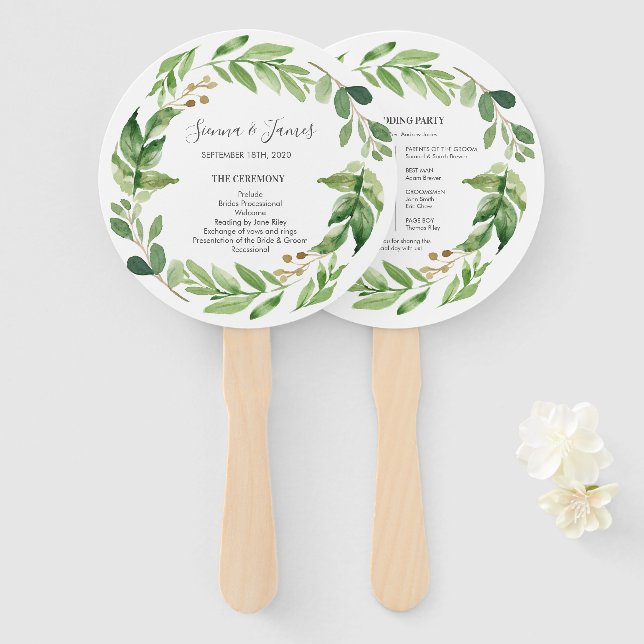 Éventail Programme de cérémonie Mariage de verdure d'aquare (Devant et derrière)