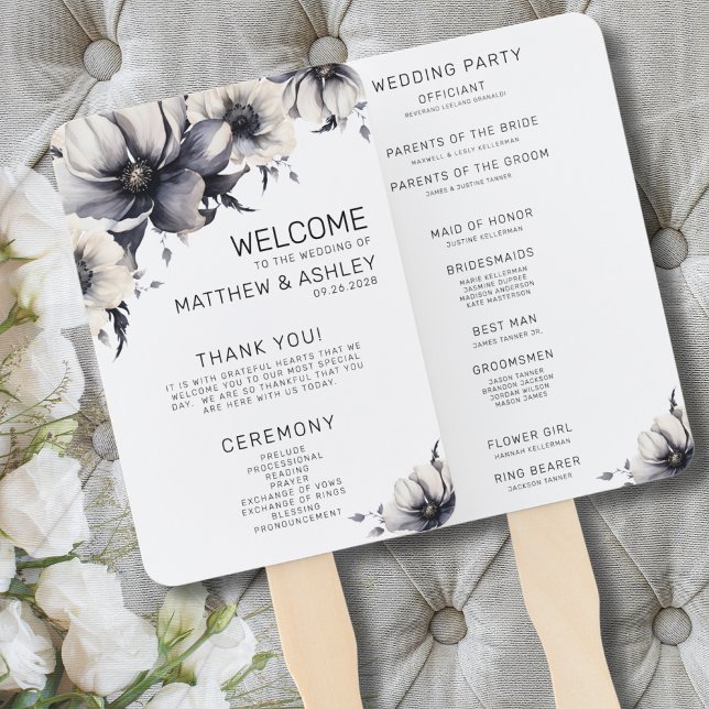 Éventail Programme de cérémonie Mariage floral noir blanc (Ceremony Programs Boho Floral Black White Wedding Hand Fan)