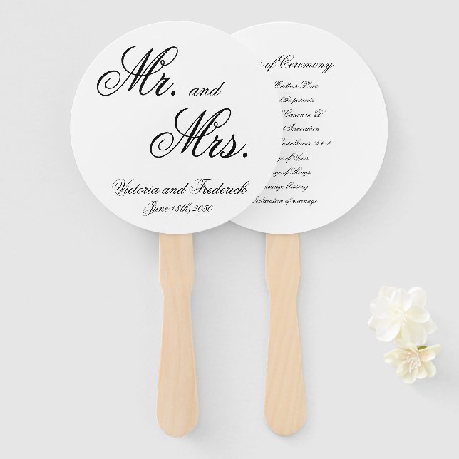 Éventail Programme de mariage à calligraphie élégante de M. (Devant et derrière)