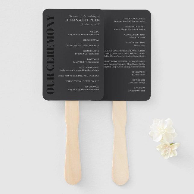 Éventail Programme de mariage à la typographie au charbon é (Devant et derrière)