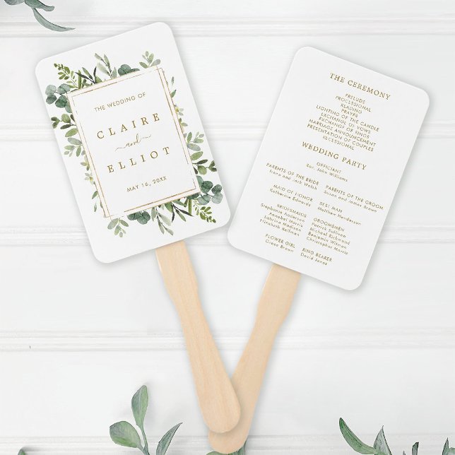 Éventail Programme de mariage à la verdure dorée botanique (Front & Back)
