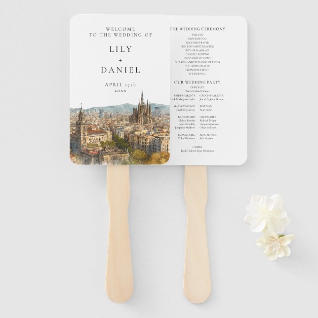 Éventail Programme de mariage à l'aquarelle de Barcelone (Devant et derrière)