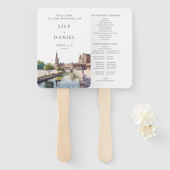 Éventail Programme de mariage à l'aquarelle de Séville Espa (Devant et derrière)