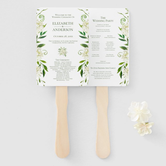Éventail Programme de mariage à l'aquarelle florale Hortens (Devant et derrière)