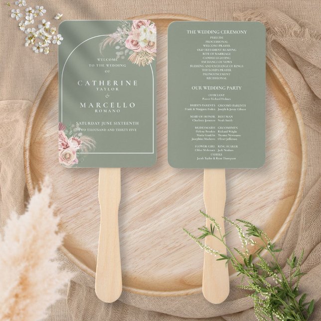Éventail Programme de mariage à l'arche en herbe de pampas  (Sage Green Boho Pampas Grass Arch Wedding Program Hand Fan)