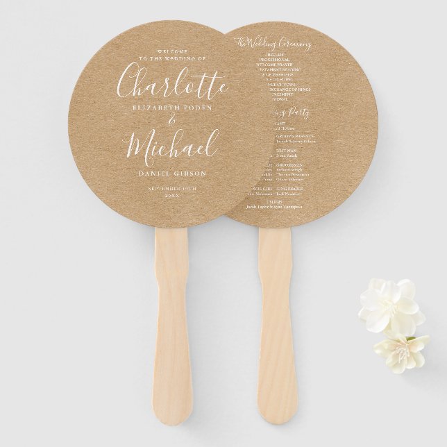 Éventail Programme de mariage à l'écriture élégante Kraft r (Devant et derrière)