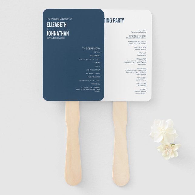 Éventail Programme de mariage à typographie Navy simple (Devant et derrière)