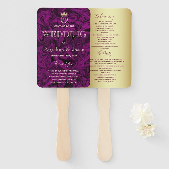 Éventail Programme de mariage abstrait violet et feuille d' (Devant et derrière)