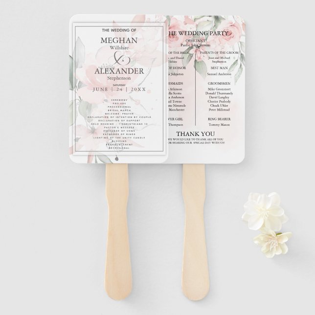 Éventail Programme de mariage | Aquarelle bleu rose floral (Devant et derrière)