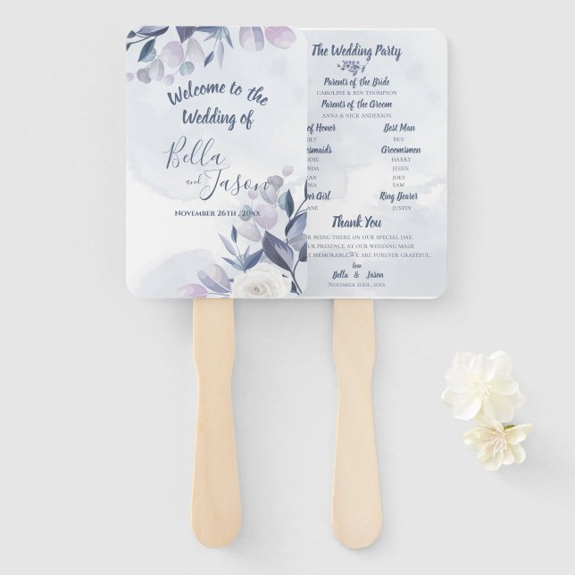 Éventail Programme de mariage Aquarelle mignonne Bleu Dusty (Devant et derrière)