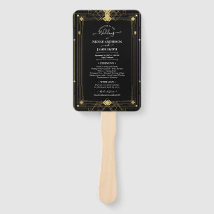 Éventail Programme de mariage Art Déco noir or Gatsby