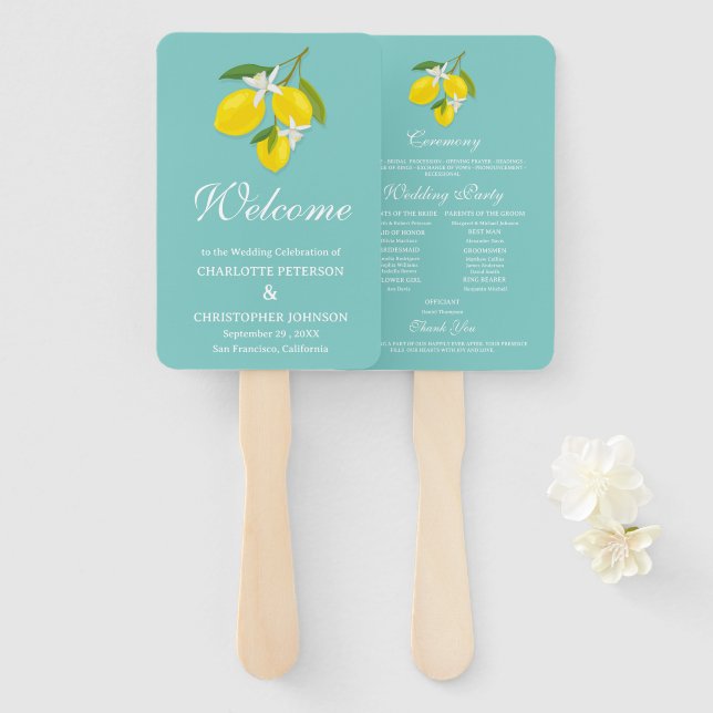 Éventail Programme de mariage au citron bleu et jaune  (Devant et derrière)