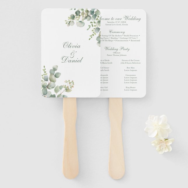 Éventail Programme de mariage au eucalyptus de la verdure m (Devant et derrière)