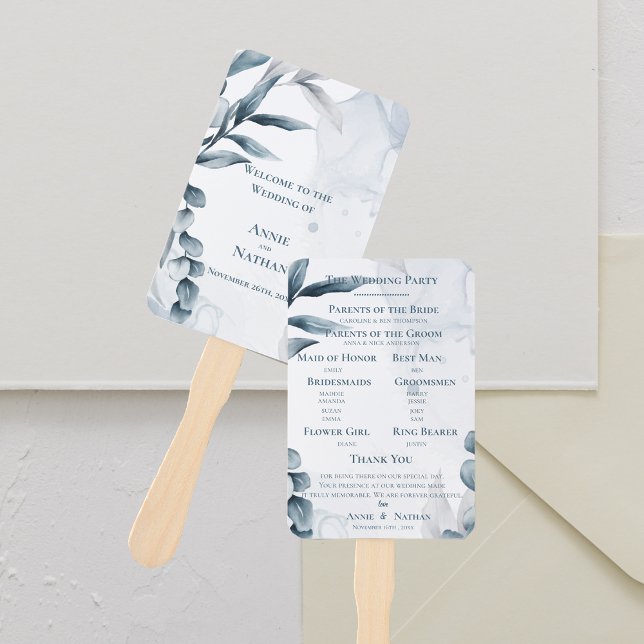 Éventail Programme de mariage aux feuilles d'eucalyptus ble (Dusty Blue Eucalyptus Leaves Wedding Program Hand Fan)