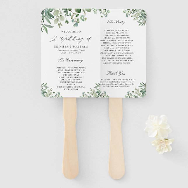 Éventail Programme de mariage aux feuilles d'eucalyptus élé (Devant et derrière)