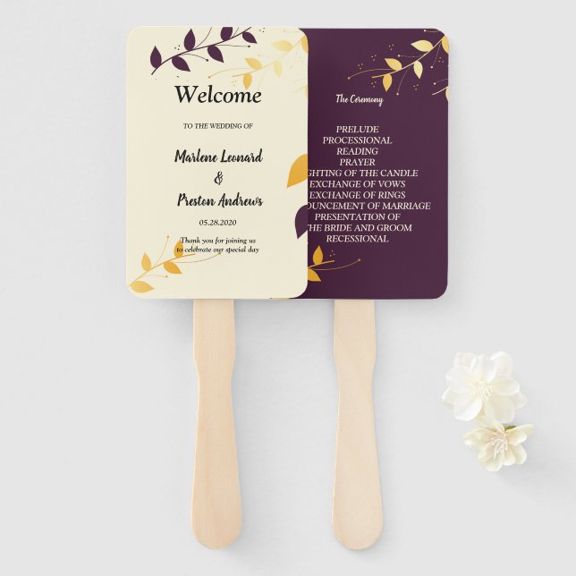 Éventail Programme de mariage aux feuilles dorées violettes (Devant et derrière)