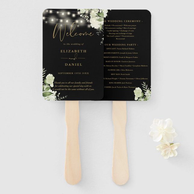 Éventail Programme de mariage avec guirlande lumineuse flor (Devant et derrière)