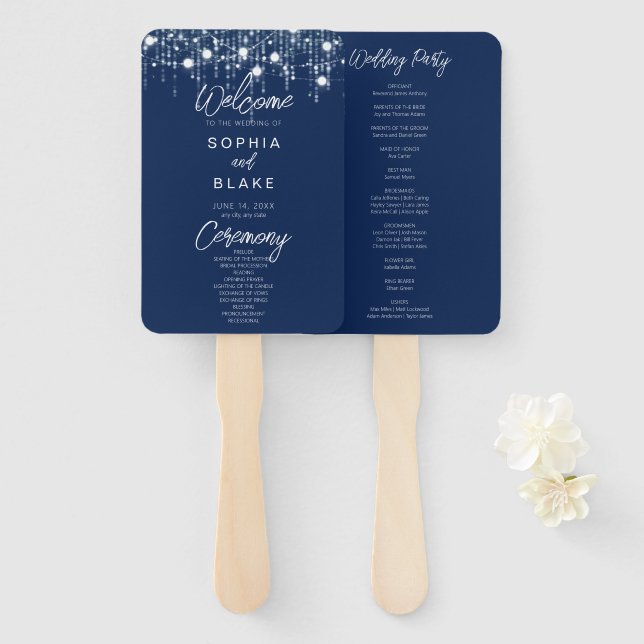 Éventail Programme de mariage avec lumières suspendues bleu (Devant et derrière)