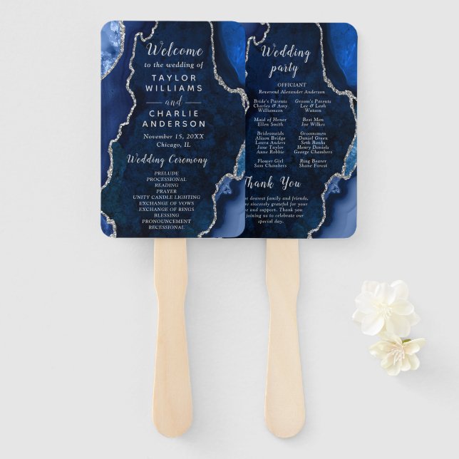 Éventail Programme de mariage Bleu marine et Agate argentée (Devant et derrière)
