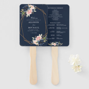 Éventail Programme de mariage bleu marine moderne et rose p