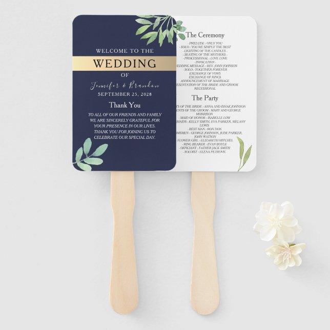Éventail Programme de mariage bleu or de la Marine (Devant et derrière)