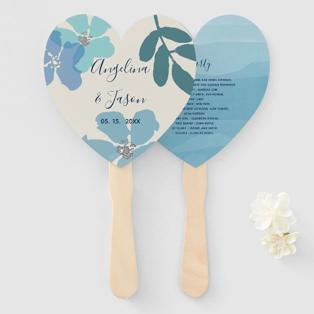 Éventail Programme de mariage bleu poussiéreux floral (Devant et derrière)