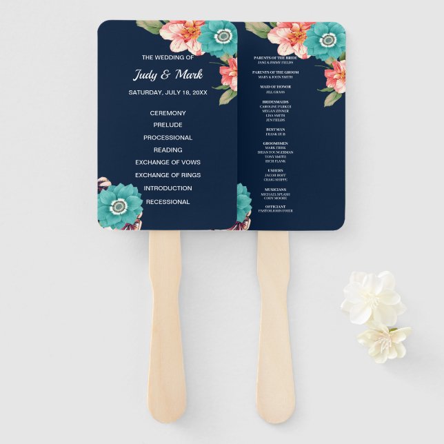 Éventail Programme De Mariage Botanique Floral Bleu Et Rose (Devant et derrière)