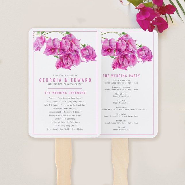 Éventail Programme de mariage Bougainvillea rose aquarelle (Créateur téléchargé)