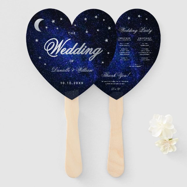 Éventail Programme de mariage céleste Lune Étoiles & Callig (Devant et derrière)