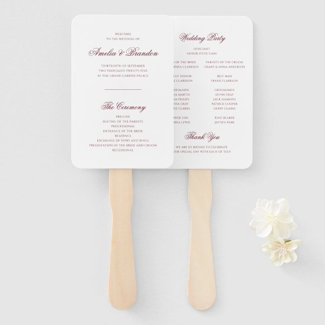 Éventail Programme de mariage classique à l'écriture profon (Devant et derrière)
