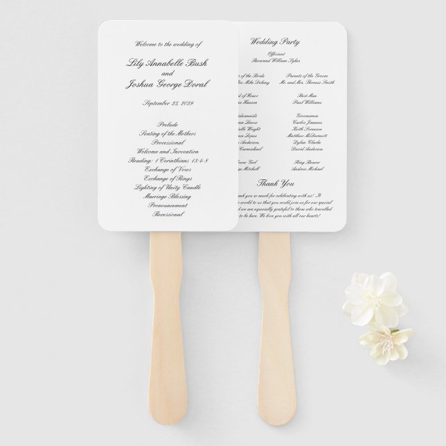Éventail Programme de mariage classique noir et blanc intem (Devant et derrière)