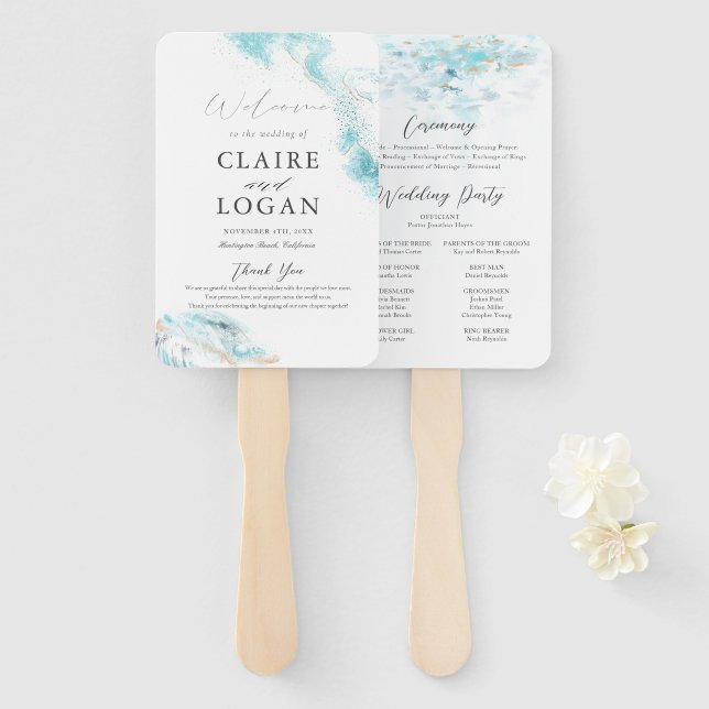 Éventail Programme de mariage côtier aux vagues bleues écla (Devant et derrière)