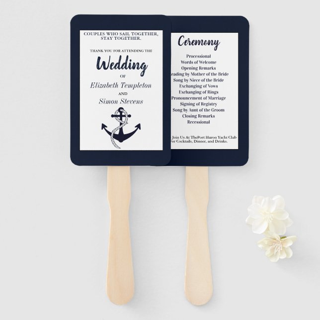Éventail Programme de mariage d'Ancres nautiques bleu marin (Devant et derrière)