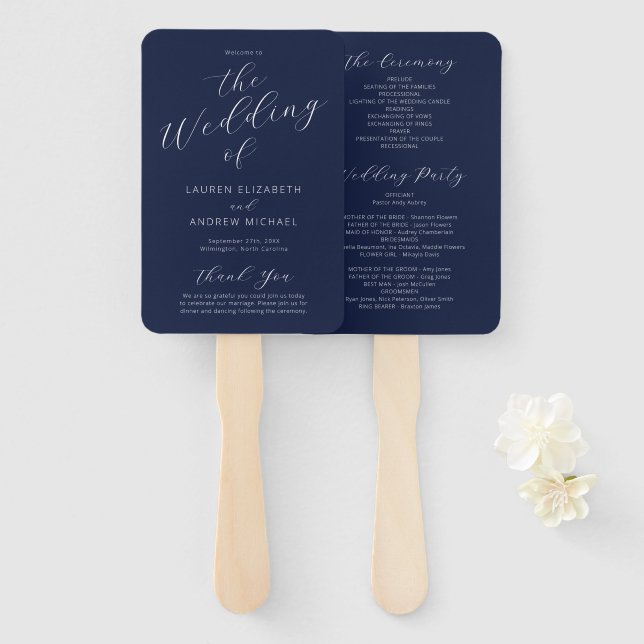 Éventail Programme de mariage de calligraphie moderne bleu  (Devant et derrière)