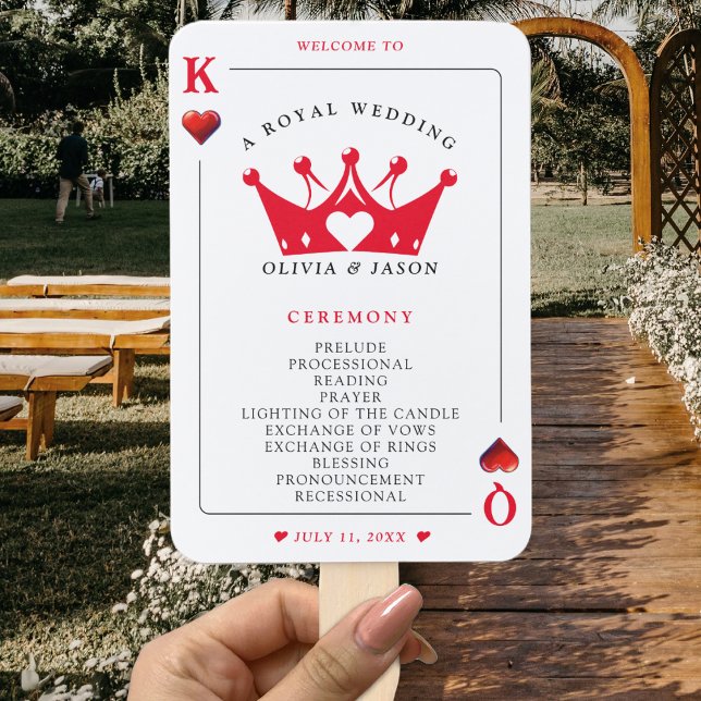 Éventail Programme de mariage de cartes de poker King & Que (King & Queen of Hearts Poker Card Wedding Program Hand Fan
)