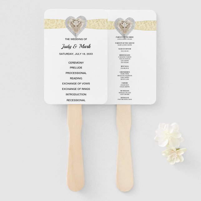 Éventail Programme de mariage de dentelle jaune Unicorn Fan (Devant et derrière)