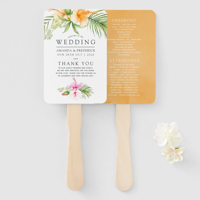 Éventail Programme de mariage de plage florale tropicale à  (Devant et derrière)