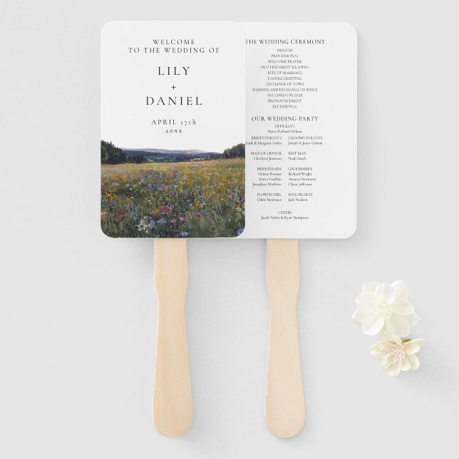 Éventail Programme de mariage de prairie florale de fleurs  (Devant et derrière)