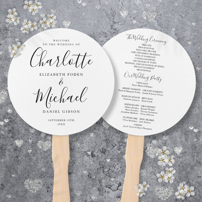 Éventail Programme De Mariage De Script Moderne Noir Et Bla (Black And White Modern Script Wedding Program Hand Fan)