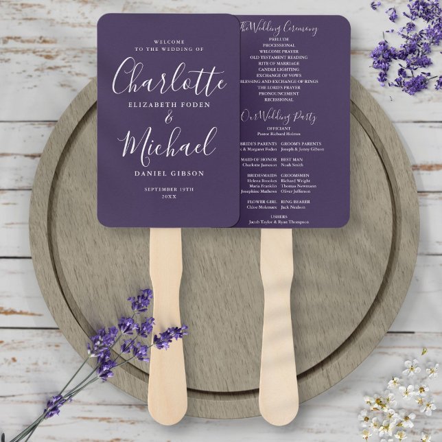 Éventail Programme de mariage de script moderne violet Vent (Créateur téléchargé)