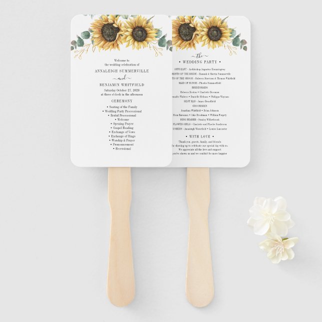 Éventail Programme de mariage des Feuilles du tournesol flo (Devant et derrière)