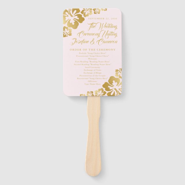 Éventail Programme de mariage des fleurs d'Hibiscus rose or (Devant)
