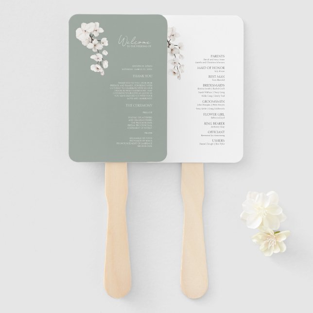 Éventail Programme de mariage des orchidées blanches vertes (Devant et derrière)