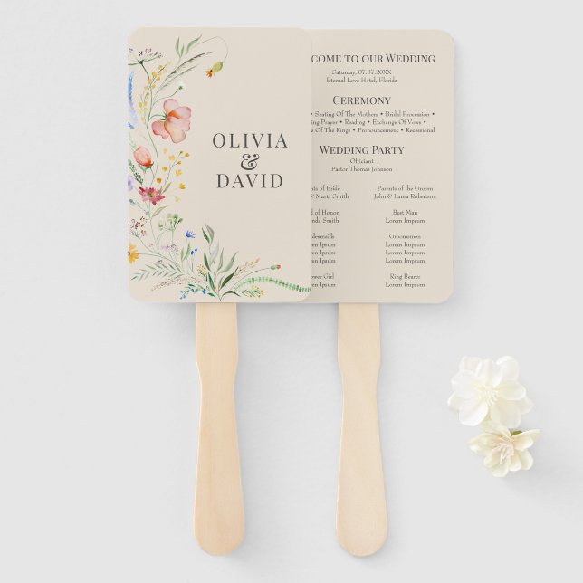 Éventail Programme de mariage des prés Fleurs sauvages (Devant et derrière)
