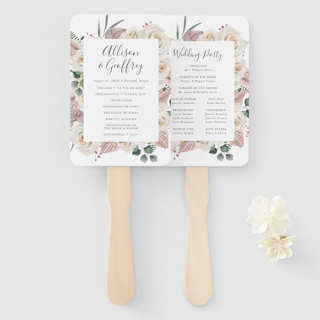 Éventail Programme de mariage des Roses d'aquarelle et des  (Devant et derrière)