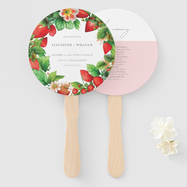 Éventail Programme de mariage d'été de fraises et de pivoin (Devant et derrière)